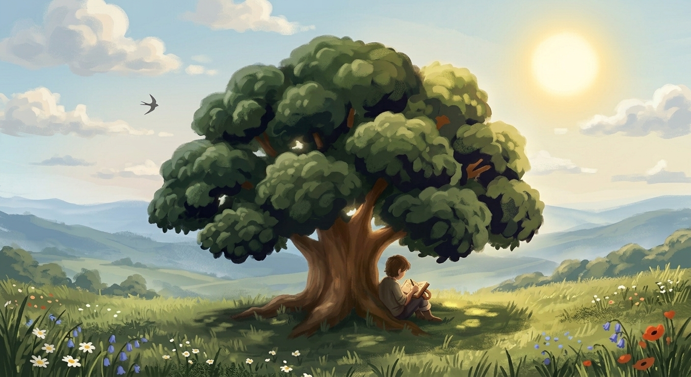 A small figure sits beneath a great yew tree on a sunlit meadow, writing in a journal; a swift glides through the morning sky