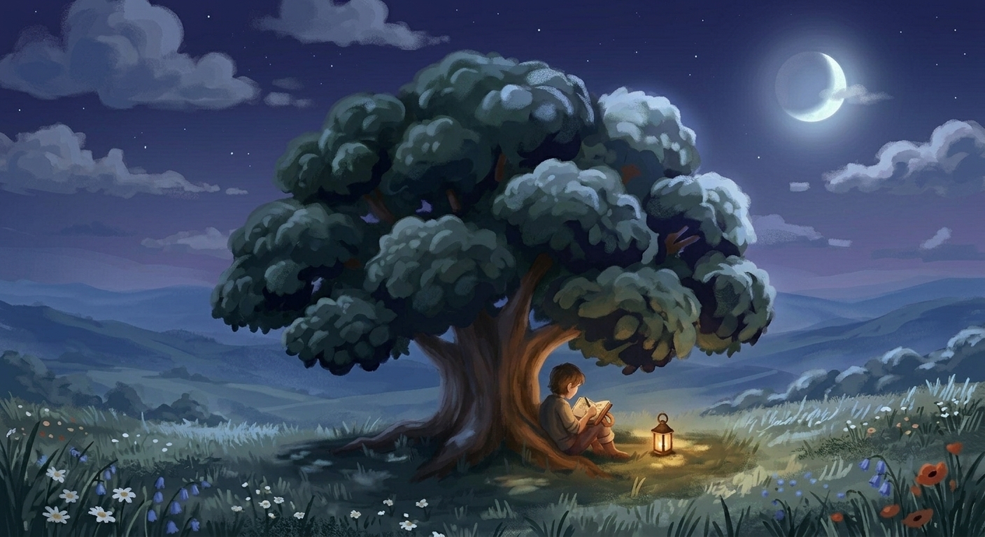 The same figure under the same yew tree at night, writing by lantern-light beneath a waxing crescent moon