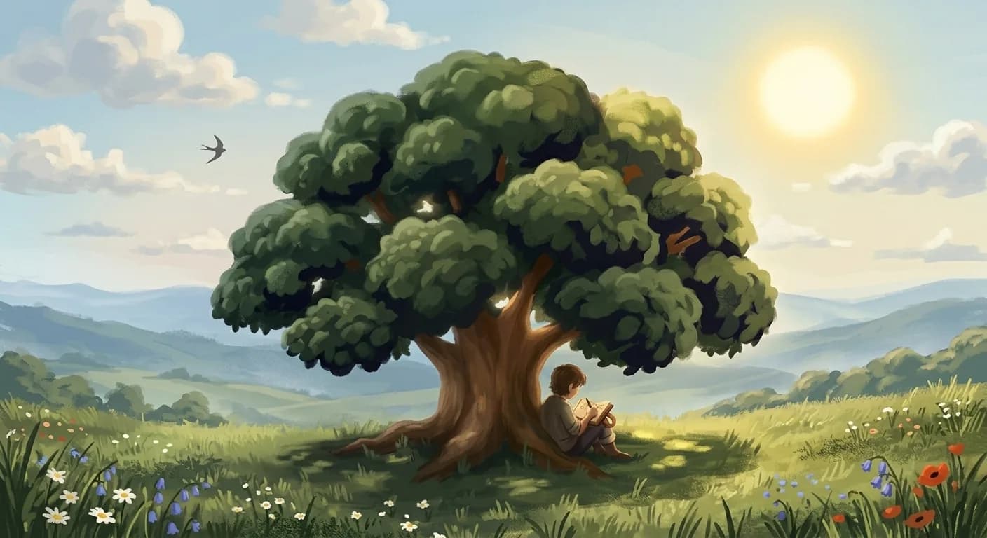 A small figure sits beneath a great yew tree on a sunlit meadow, writing in a journal; a swift glides through the morning sky